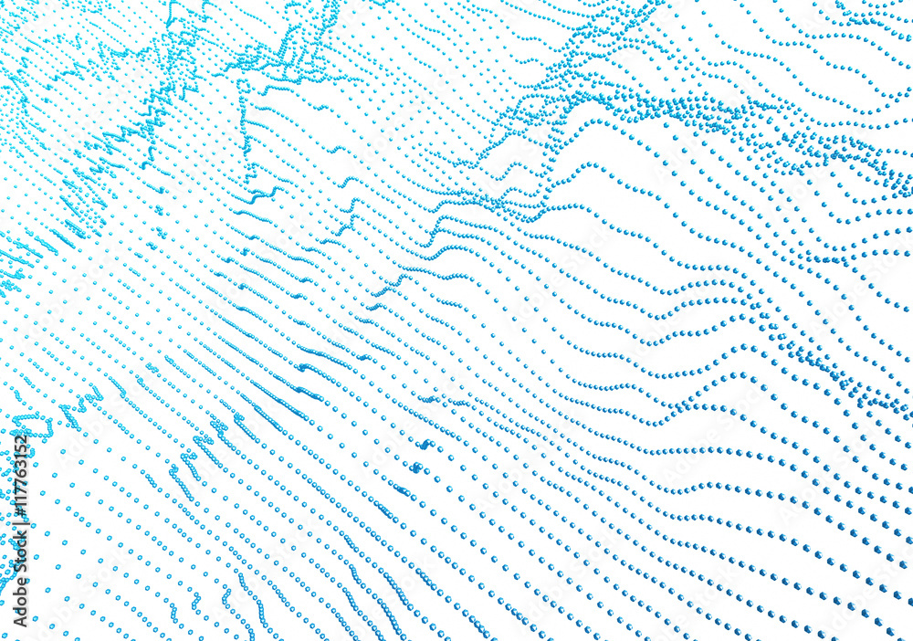 Poster abstract 3d rendering of waves with particles on white background. futuristic background with lines 