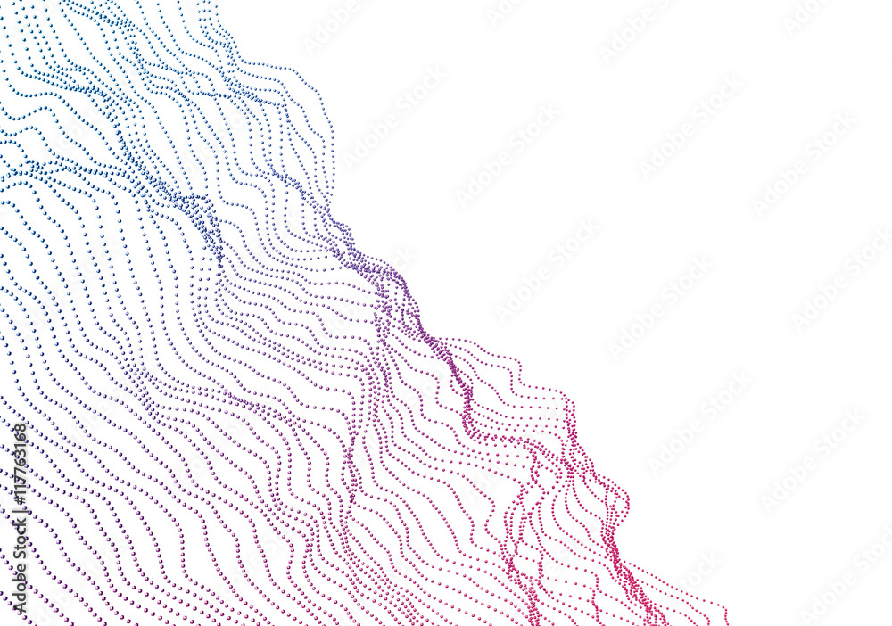 Poster abstract 3d rendering of waves with particles on white background. futuristic background with lines 
