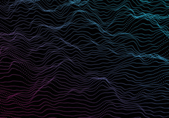 Abstract 3d rendering of waves with particles on black background. Futuristic background with lines of many low poly spheres. Design for poster, cover, banner, placard