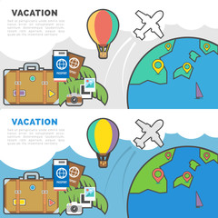 Flat Line Vector Banner about Vacation and Travel. Pictogram pack vector logo concept for web graphics.