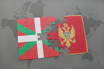 puzzle with the national flag of basque country and montenegro on a world map background.