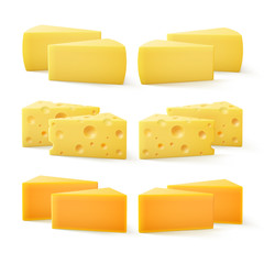 Vector Set of Triangular Pieces of  Cheddar Swiss Cheese Close up Isolated on White Background