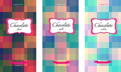 Vector set of chocolate packaging. Design template with geometric colorful background.