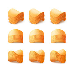 Vector  Set of  Potato Crispy Chips Stacks Close up Isolated on White Background