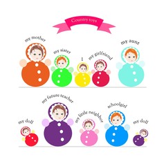 Country toys. Cute collection of bright colorful roly-poly toys. Childish vector illustration.