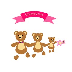 Country toys. Cute family of teddy bears. Childish vector illustration.
