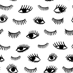 Hand drawn eye doodles seamless pattern in retro style. Vector beauty illustration of open and close eyes for cards, textiles, wallpapers, backgrounds.