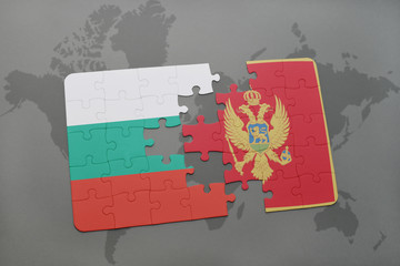 puzzle with the national flag of bulgaria and montenegro on a world map background.
