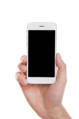 Man hand holding smartphone, isolated on white