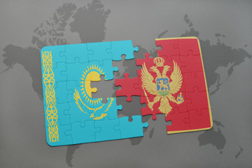 puzzle with the national flag of kazakhstan and montenegro on a world map background.