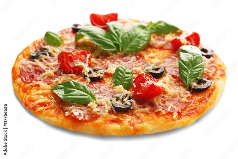 Canvas Prints tasty pizza with olives and basil, isolated on white