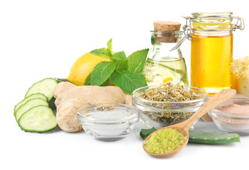Natural ingredients for skin care on white background