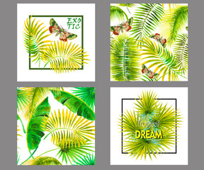 Tropical print for tee shirt . Palm leafs and butterfly in the frame. Typographic design artwork. poster or card, decor for home, pillow.