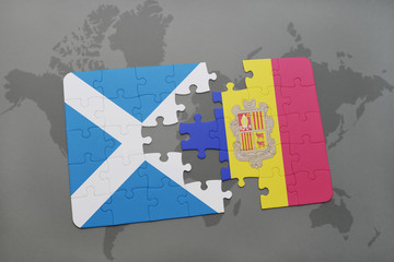 puzzle with the national flag of scotland and andorra on a world map background.