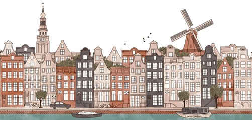 Fototapeta premium Amsterdam, Holandia - bez szwu transparent z panoramą Amsterdamu, ręcznie rysowane i cyfrowo kolorowa ilustracja tuszem