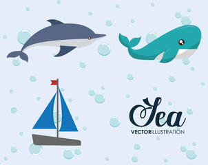 Sea animal and lifestyle design represented by cartoon icon set. Colorfull and flat illustration. 