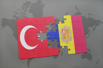 puzzle with the national flag of turkey and andorra on a world map background.