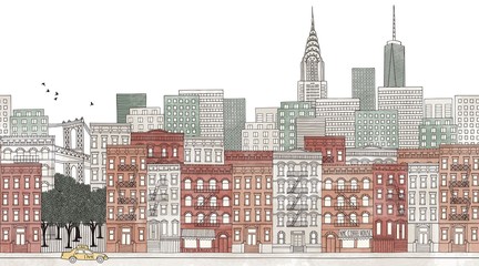 New York City - seamless banner of New York's skyline, hand drawn and digitally colored ink illustration