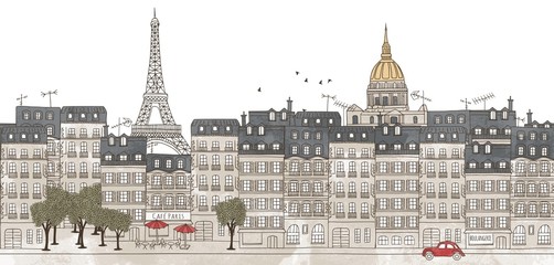 Paris, France - seamless banner of Paris's skyline, hand drawn and digitally colored ink illustration - obrazy, fototapety, plakaty