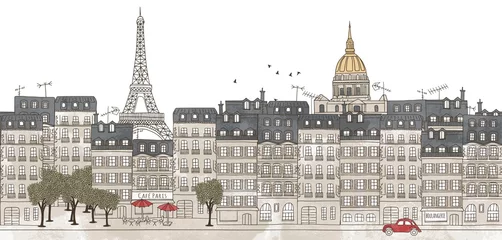 Rolgordijnen Paris, France - seamless banner of Paris's skyline, hand drawn and digitally colored ink illustration © Franzi draws
