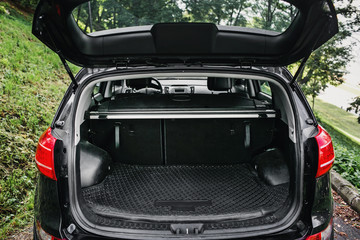 clean empty trunk of black hatchback in a forest