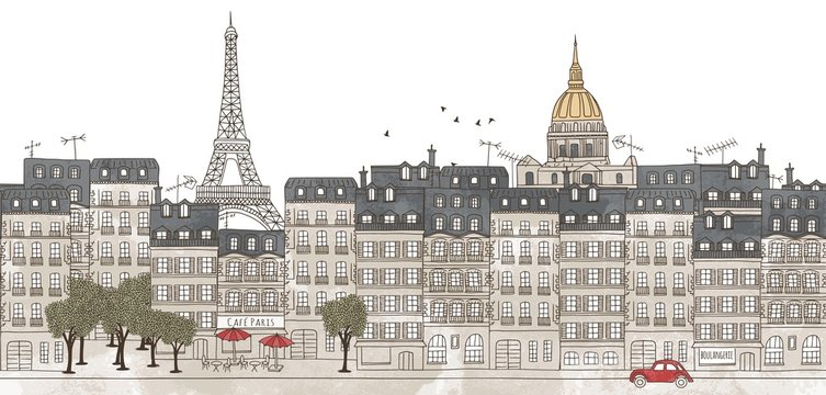 Fototapeta Paris, France - seamless banner of Paris's skyline, hand drawn and digitally colored ink illustration
