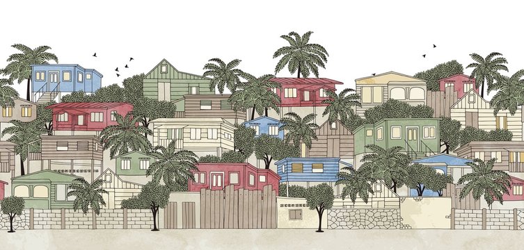 Caribbean village, seamless banner (hand drawn ink illustration with watercolor)