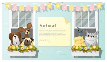 Cute animal family background with Dogs and Cats , vector , illustration