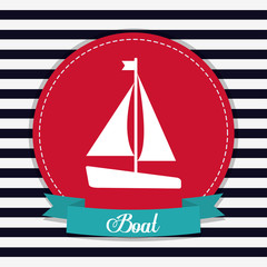 Sea lifestyle design represented by sailboat icon over seal stamp. Colorfull and flat illustration. Striped background.