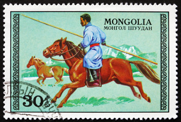 Postage stamp Mongolia 1977 Hunter on Horseback