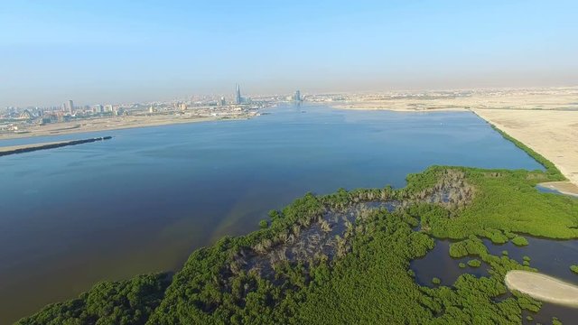 Aerial view panorama over Ras Al Khor wildlife sanctuary video 4k. Travel tourism landmark in United Arab Emirates