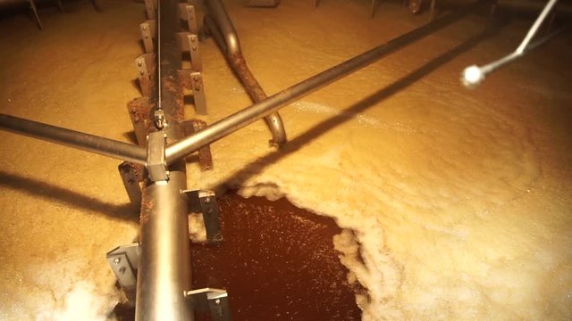 Inside the brewing boil tank. Beer production.