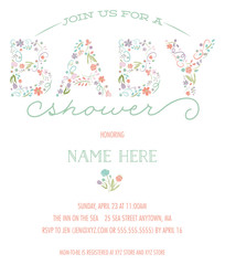 Baby Shower Invitation Template - Pretty Floral Design with Drawn Flowers - obrazy, fototapety, plakaty