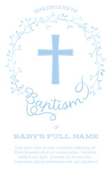 Fototapeta Baptism, Christening Invitation with Cross and Watercolor Floral Wreath - White Background obraz