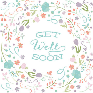 Get Well Soon Card, Sign with Floral Wreath, Flowers - Vector