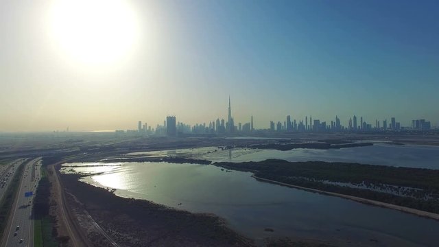 Aerial view on Road Traffic near Ras Al Khor wildlife sanctuary video 4k United Arab Emirates