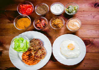 ingredients for cooking hamburgers, fast food