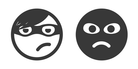Thief smiley icon set. Theft performer. Robber emoticon. Unknown person with black mask on face. Stealing process participant icon.