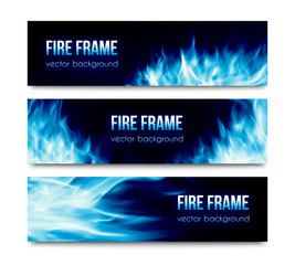 Set of black horizontal vector banners with realistic transparent bright blue fire flames isolated on white background. Abstract website header illustration or flyer templates