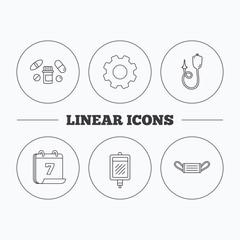 Medical mask, blood and pills icons.