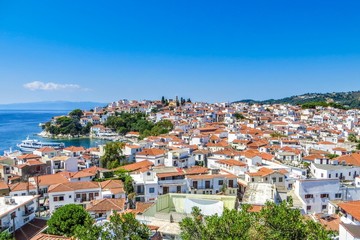 Skyathos island panorama with white houses, Greece