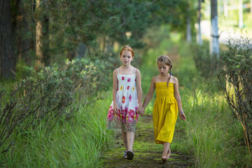 Fototapeta premium Two little girls walk through the Park holding hands.