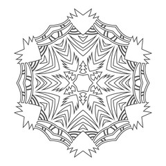 Round ornament for coloring books. Black, white pattern. Lace, snowflake
