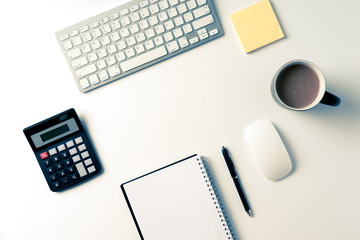 Office desk from top view with space