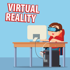 man playing computer with virtual glasses
