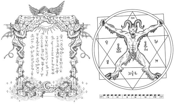Graphic set with devil in circle and religious frame