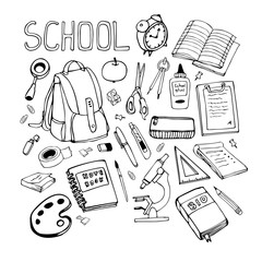 Back to school hand drawn illustration. Set of school supplies.
