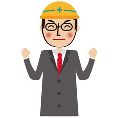 安全ヘルメットのグレーのスーツの男性　上半身　ガッツポーズ