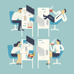 Flat design illustration business people working in an office.