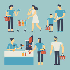 Flat design illustration people are shopping in a supermarket.